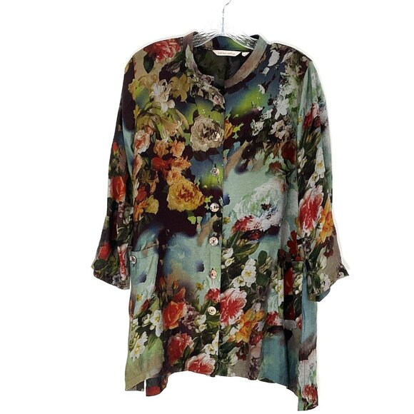 Soft Surroundings‎ Top Women M Dark Floral Bloom Button Up Pockets Art To Wear - Picture 1 of 13